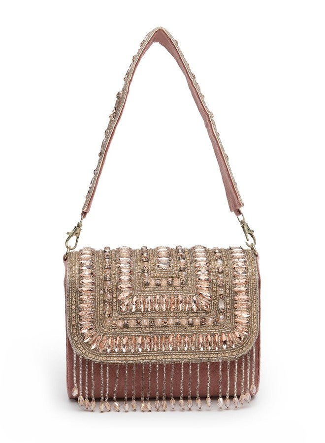 Anekaant Droop Mauve Embellished Party Clutch Bag for Women | Suede Sling Purse with Stone Work & Tassel Fringe. - Image 1